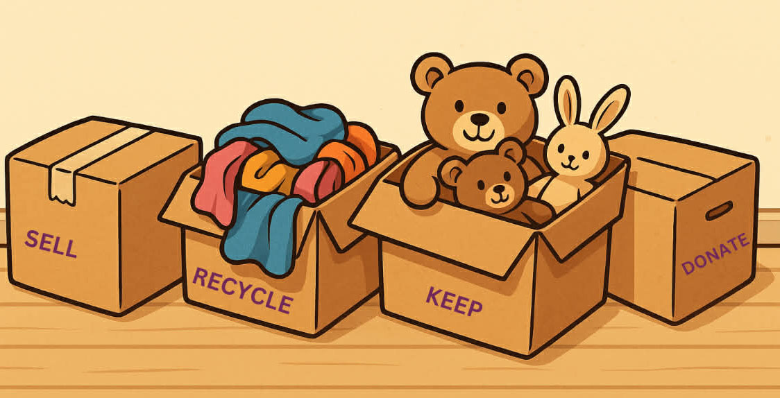 Sorting possessions: sell, recycle, keep, donate
